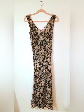 Vintage Betsey Johnson Floral Sheer Dress 90s Bias Cut Slip Style Black Pink Med